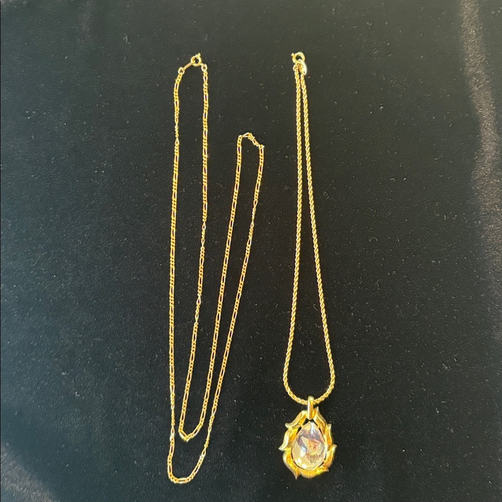 Trifari Gold Necklace with Lookng Glass Pendant + Long Goldtone Avon Necklace